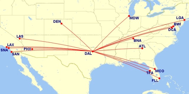 Southwest Airlines’ new non-stop routes, outside of the ’œWright Zone’, beginning later this year. | Source: www.gcmap.com