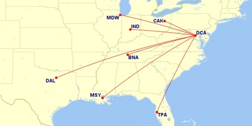 Southwest Airlines" new routes from DCA, acquired as a result of the American Airlines / U.S. Airways merger, beginning later this year. | Source: www.gcmap.com