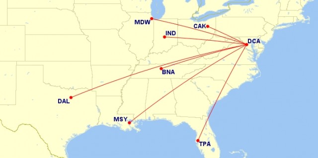 Southwest Airlines’ new routes from DCA, acquired as a result of the American Airlines / U.S. Airways merger, beginning later this year. | Source: www.gcmap.com