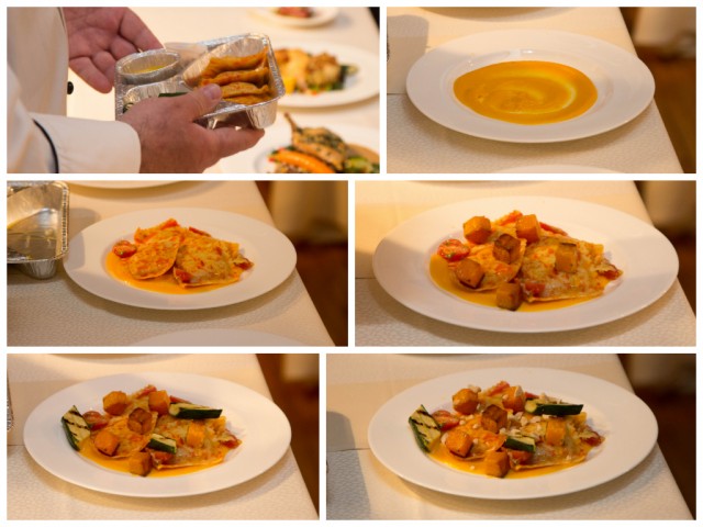 The various steps required to plate the butternut squash ravioli in first class.