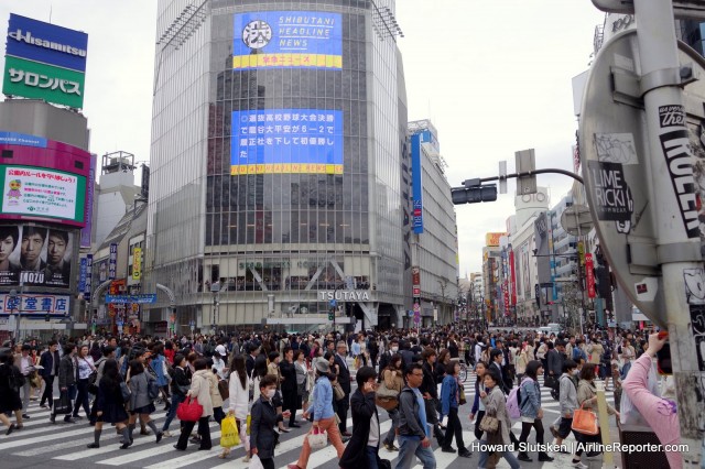The famous "scramble" crossing at the Shibuya intersection.