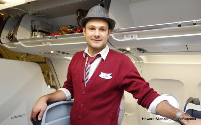 Air Canada rouge Flight Attendant Bryan, getting ready to welcome passengers on the 1st YVR-LAS flight.