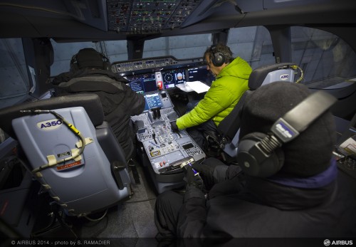 Test crew bundle up while in the flight deck of the A350 - Photo: Airbus