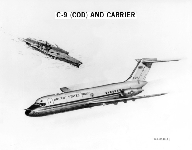 Another artist depiction of the proposed DC-9 COD circling over a carrier. Photo: Boeing