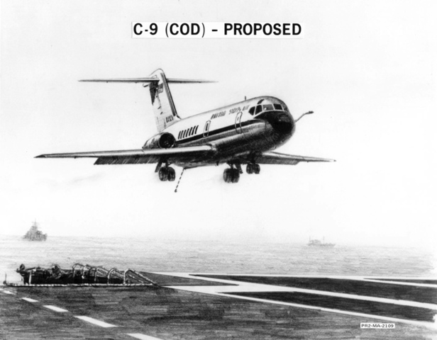 In this artist impression from the Douglas proposal to the US Navy, a DC-9 approaches a carrier deck. Photo: Boeing