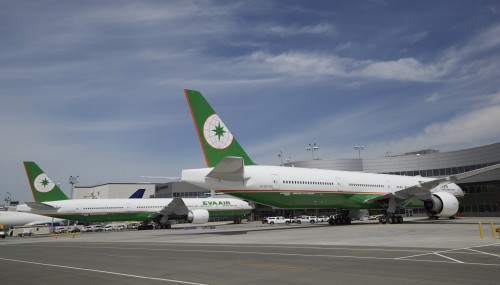 Seeing double. Two EVA Air Boeing 777-300ERs at the Everett Delivery Center - Photo: Boeing