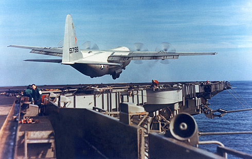 The KC-130 flown by Lt Flatley departs the USS Forrestal on one of its 21 landings. Photo: US NAVY