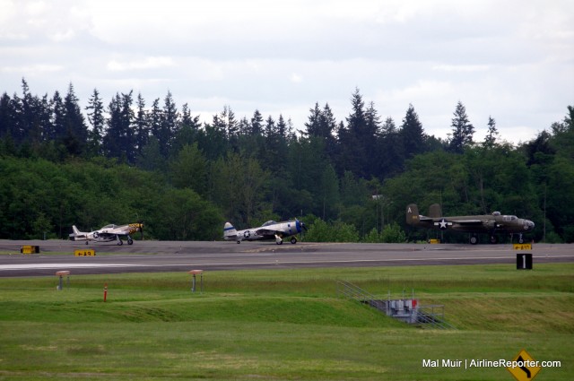 Flying Heritage Collections B-25, P-47 & P-51 Line up to await their turn for Departure.