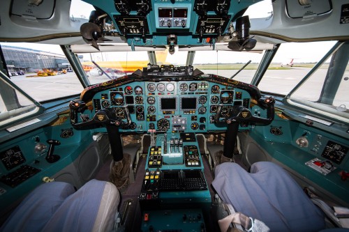 The TU-154M flightdeck which has been signifcantlly modernised with the addition of electornic displays as well as an Flight management system Photo: Jacob Pfleger | AirlineReporter