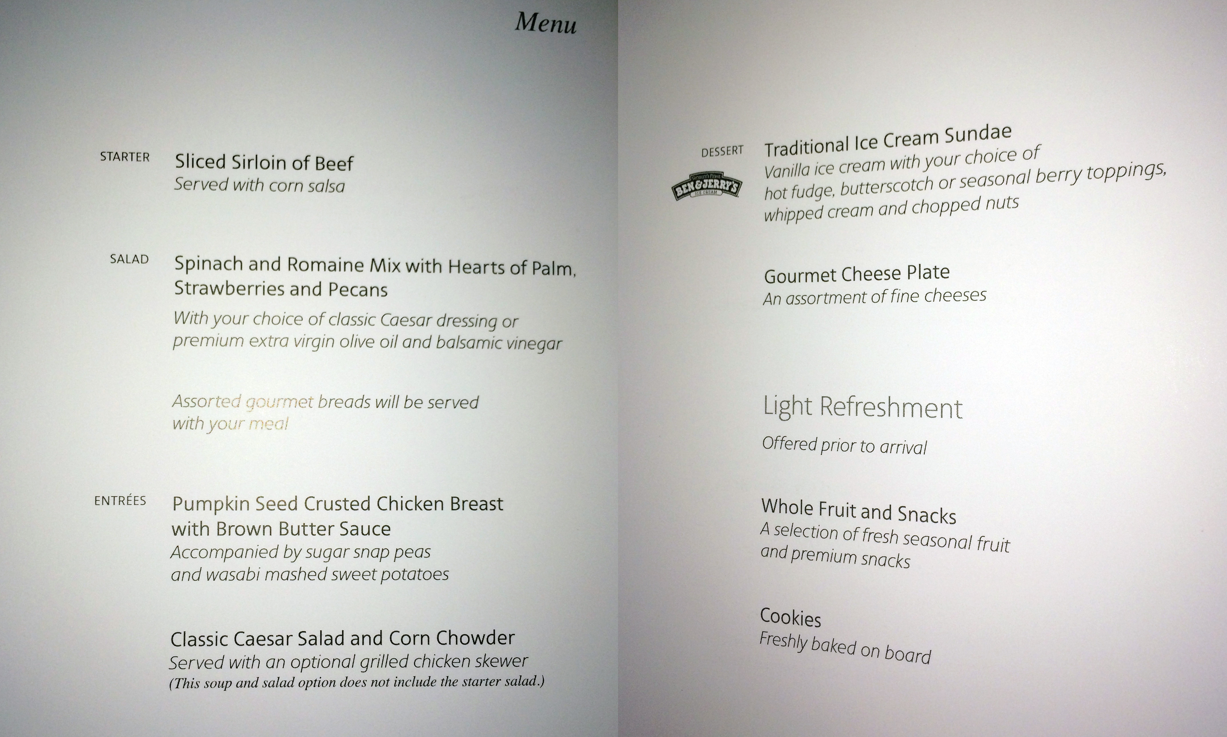 The business class menu on the A321T - Photo: