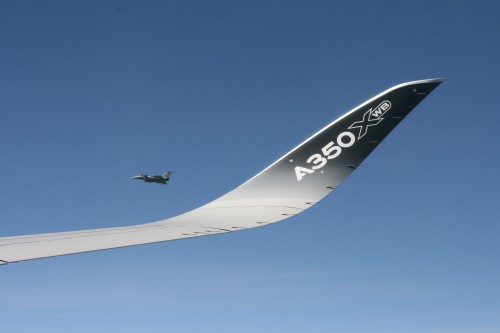 The A350 wingtip with special escort - Photo: Owen Zupp