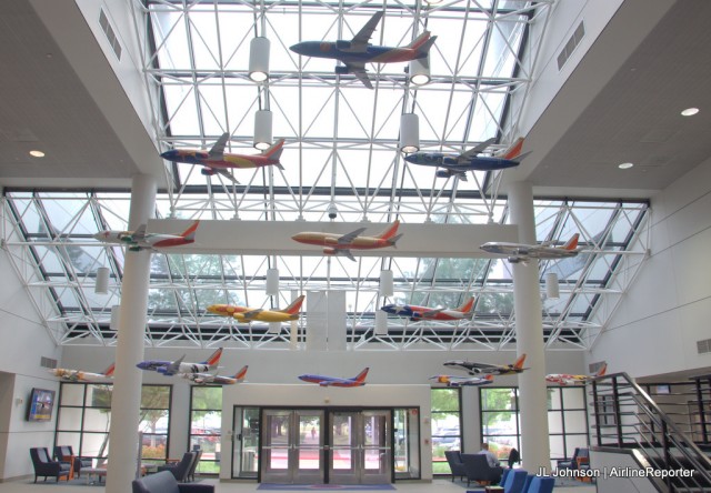 Large models illustrating Southwest's special liveries hang in the atrium of the companies HQ