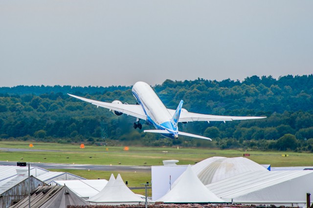 ZB001 takes off from Farnborough - Photo: Boeing