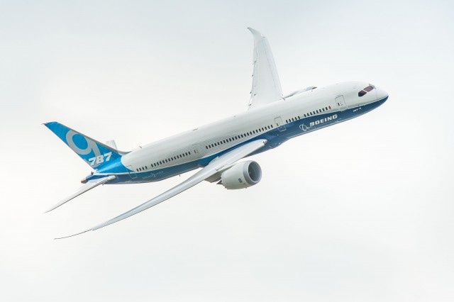 The Boeing 787-9 Dreamliner -- flight test airplane ZB001 -- completes its validation flight Friday, July 11, ahead of the 2014 Farnborough International Airshow, outside London. Photo: Boeing