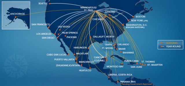 A diversity of routes, mostly from MSP - Image: Sun Country