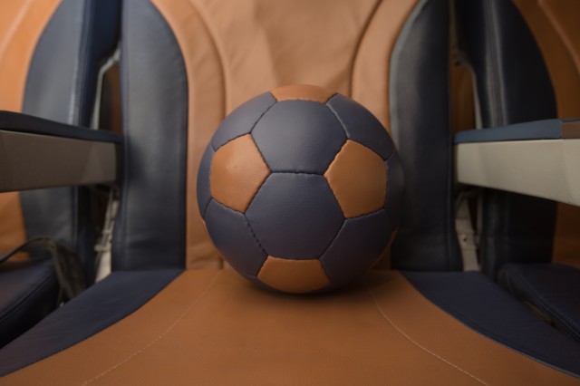 Turning Leather Seat covers into Soccer balls.  Part of Southwest's new LUV Seat program - Photo: Southwest Airlines