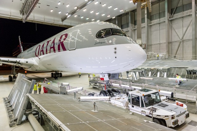 Qatar Airways’ freshly painted Airbus A350 on the factory lines in Toulouse, France. Photo: Airbus