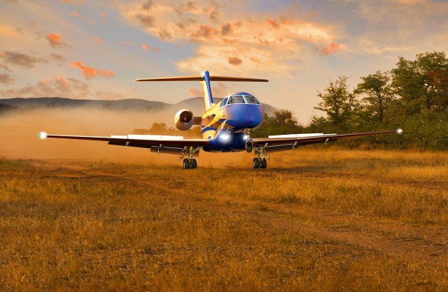A Rendering of a Pilatus PC-24 doing what sets it apart: taking off from an improvised field. Rendering - Pilatus 
