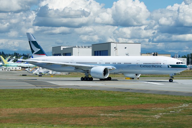 A Cathay Pacific 777-367/ER departing for delivery from Paine Field. Photo - Bernie Leighton | AirlineReporter