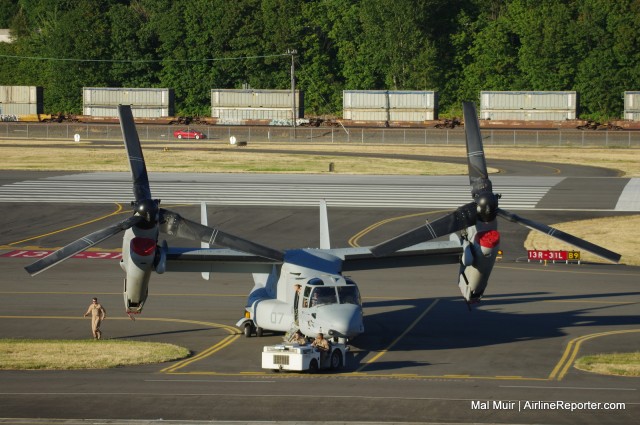 A Bell MV-22B Osprey being towed into the Museum of Flight in preparation for Marine Week