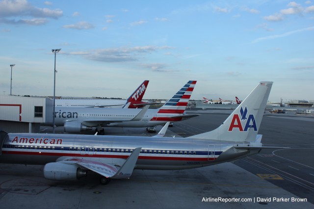 The TAM 777-300ER sitting at JFK. The view is from the Admiral's Club