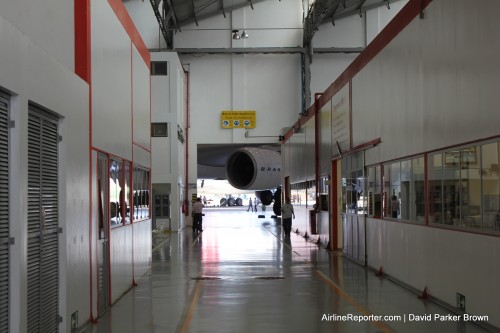 An engine says, "hello," from a long hallway