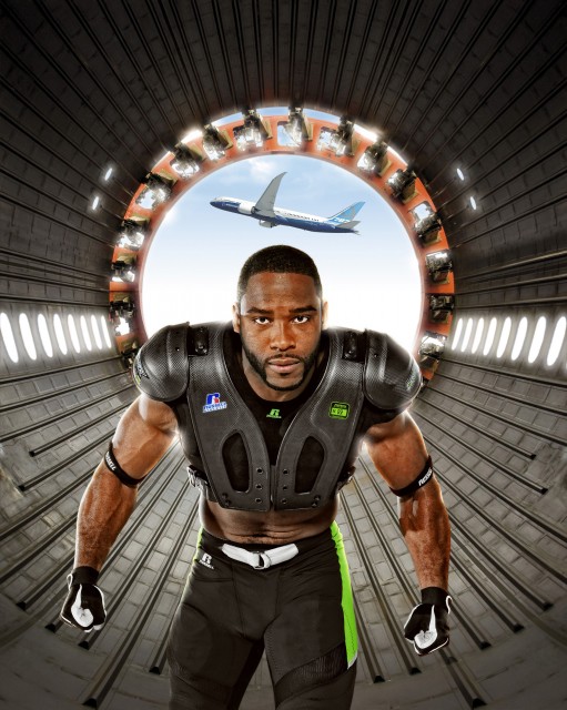 Pierre Garcon, Wide Receiver for the Washington Redskins in the new Russell Athletic CarbonTek Pads in a Compsoite 787 Body Barrell.  Image: Boeing