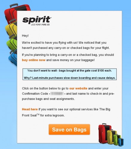 Baggage fee reminder email screenshot.