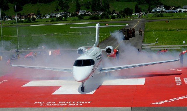 The Pilatus PC-24 rolled out onto a Swiss flag. Photo - Pilatus