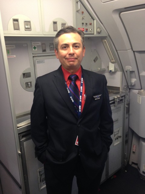 John, the forward flight attendant looking dapper in his Spirit suit. Photo: JL Johnson