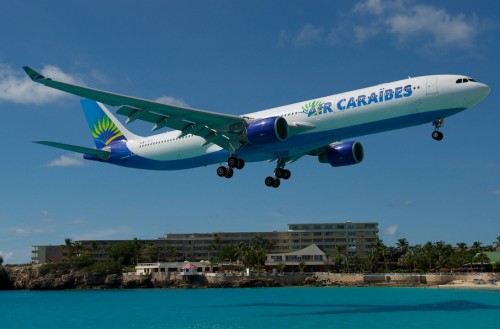 Air Caraibes Airbus A330 about over the bay, about to land - Photo: Bernie Leighton