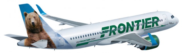 Frontier A320 in the new livery, with their most famous animal, Griz - Image: Frontier