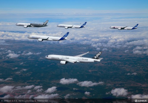 Five Airbus A350s flying in formation - Image: Airbus