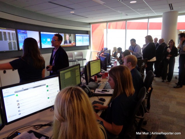 A Fully manned Listening Center during a tour during Media Day.  As the airline reveleaed their new livery this day, social media was in Over Drive