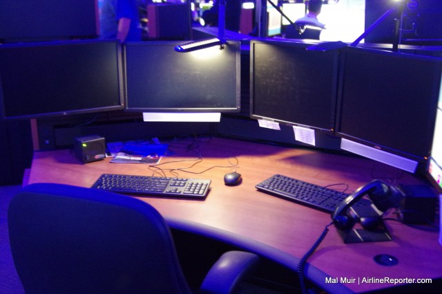 A typical desk in the Southwest Airlines NOC.  The whole desks raises to become a sit stand set up.