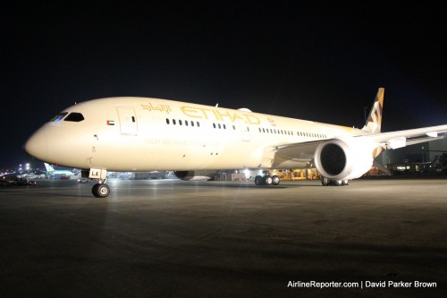 Etihad's first 787-9 sitting at Paine Field