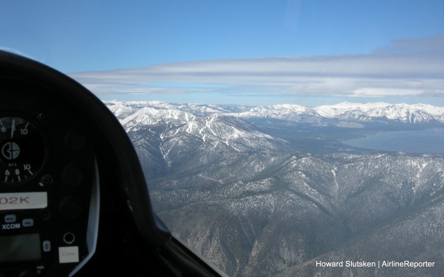 I'm climbing in wave at 13,000 feet in the LS-4, near Lake Tahoe. You can see the vario showing 8 knots, or 800 feet per minute, up!