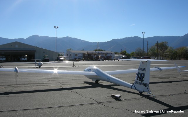 The LS-4 gleaming in the sunshine on the Soaring NV ramp, at Minden-Tahoe Airport.