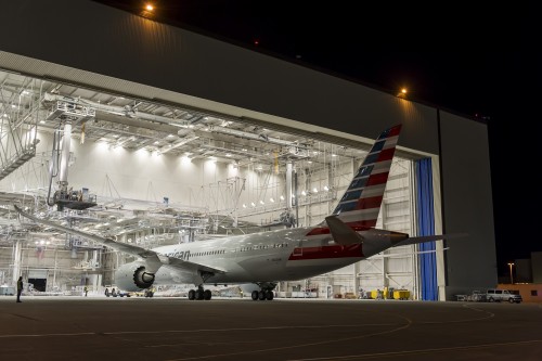 AA's 787-8 Dreamliner pulling out of the paint hangar at Paine Field - Photo: American Airlines