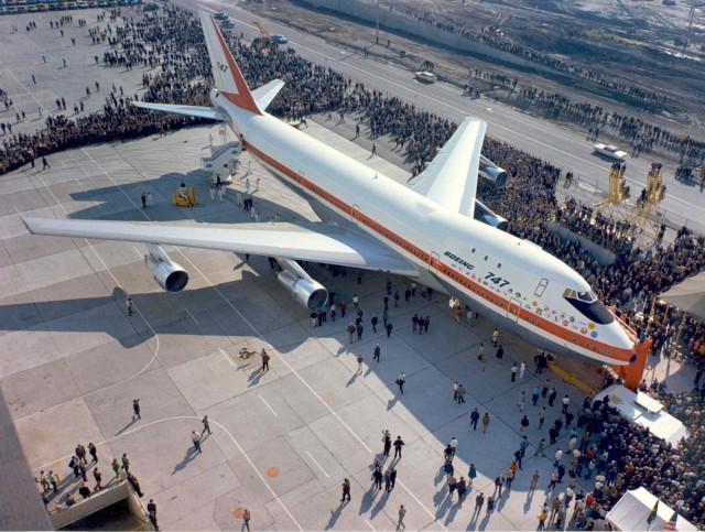 Roll out of RA001, the first 747. Photo: Boeing