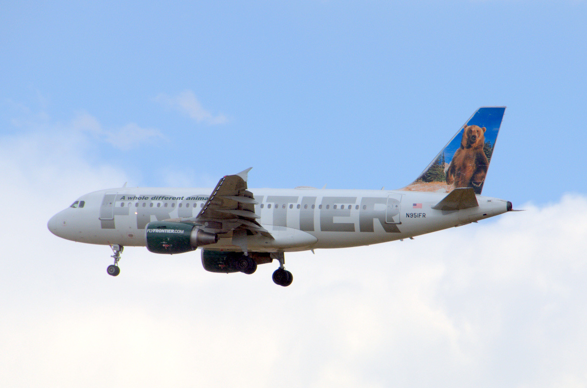 Benny the Bear an Airbus A-319 on approach for Denver International. Photo: JL Johnson