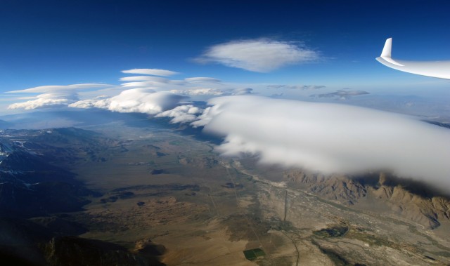 Lenticular clouds in wave, from 27,000 feet in a Kestrel 17 glider near Lone Pine, CA  Photo: Gordon Boettger