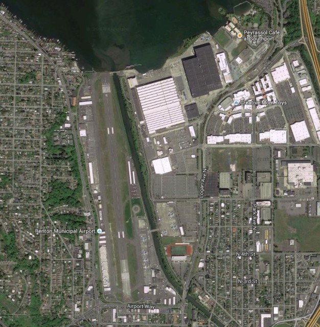 An overview of Renton Municipal Airport.  The two Large Buidlings at the top are the Boeing 737 production facilities.