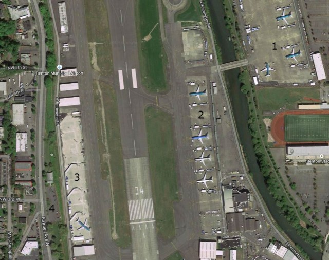 A closer look at Renton Airport's Parking spots for 737s - Image: Google Maps