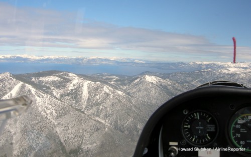 Climbing at 600 ft/min in the LS4, looking at Lake Tahoe.