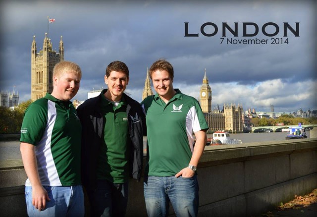 Dan (left), Zacch (center), and myself (right), standing behind Big Ben and showing some school spirit! 