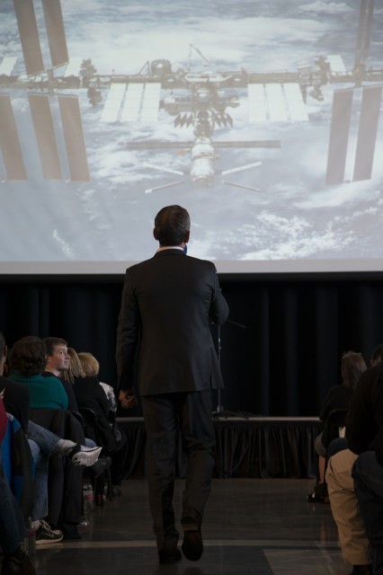 Col. Chris Hadfield describes life onboard the International Space Station to a packed house at the Future of Flight. Photo: Kris Hull