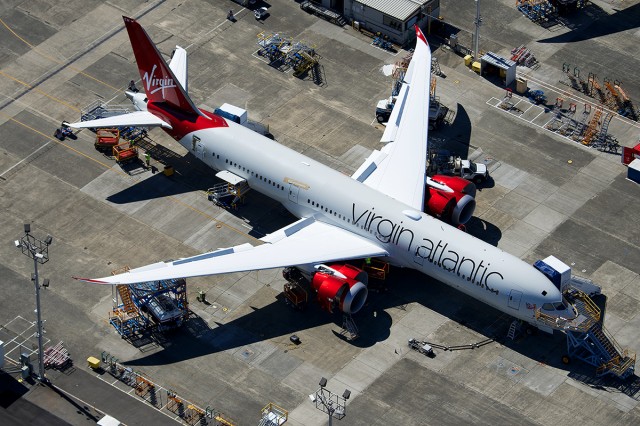 Virgin Atlantic's first 787 seen from the air at Paine Field - Photo: Bernie Leighton