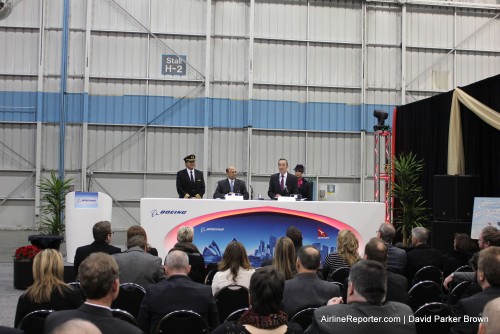 Boeing and Qantas executives celebrate the special aircraft and the history of the airline.