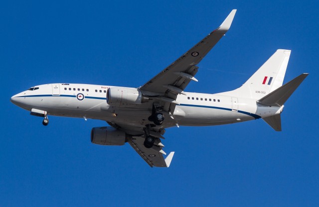 The Royal Australian Air Force (RAAF) BBJ arrives with UK Prime Minister David Cameron on-board together with Australian Prime Minister Tony Abbott 